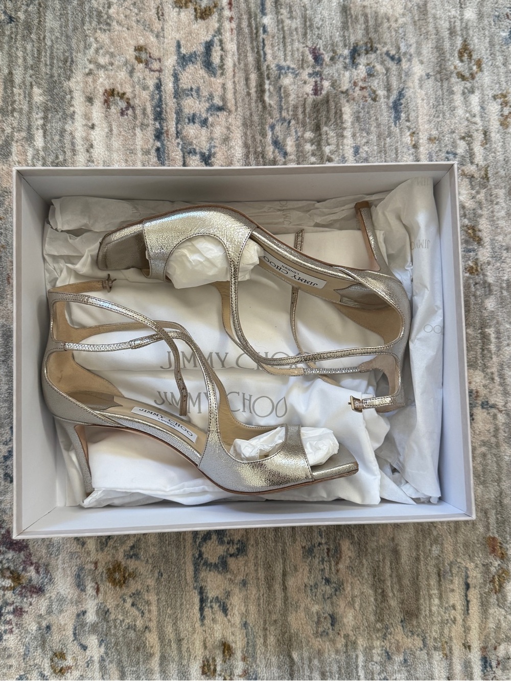 Jimmy Choo Azia Champagne Glitter Leather Sandals - Picture 9 of 10